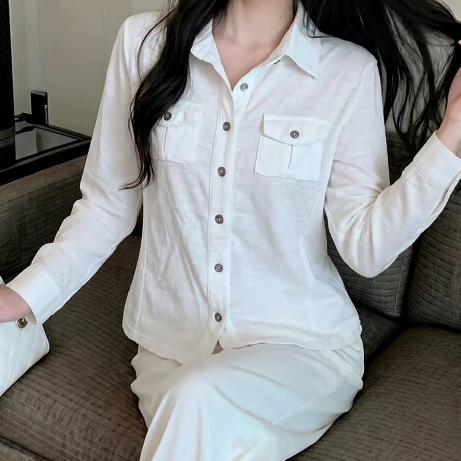 재고 있음 출퇴근 POLO 칼라 싱글 줄 버튼 다용도 여성 셔츠 봄 가을 새로운 품격 기초 섹션 화이트 오픈 가디건 맨위 이미지 5