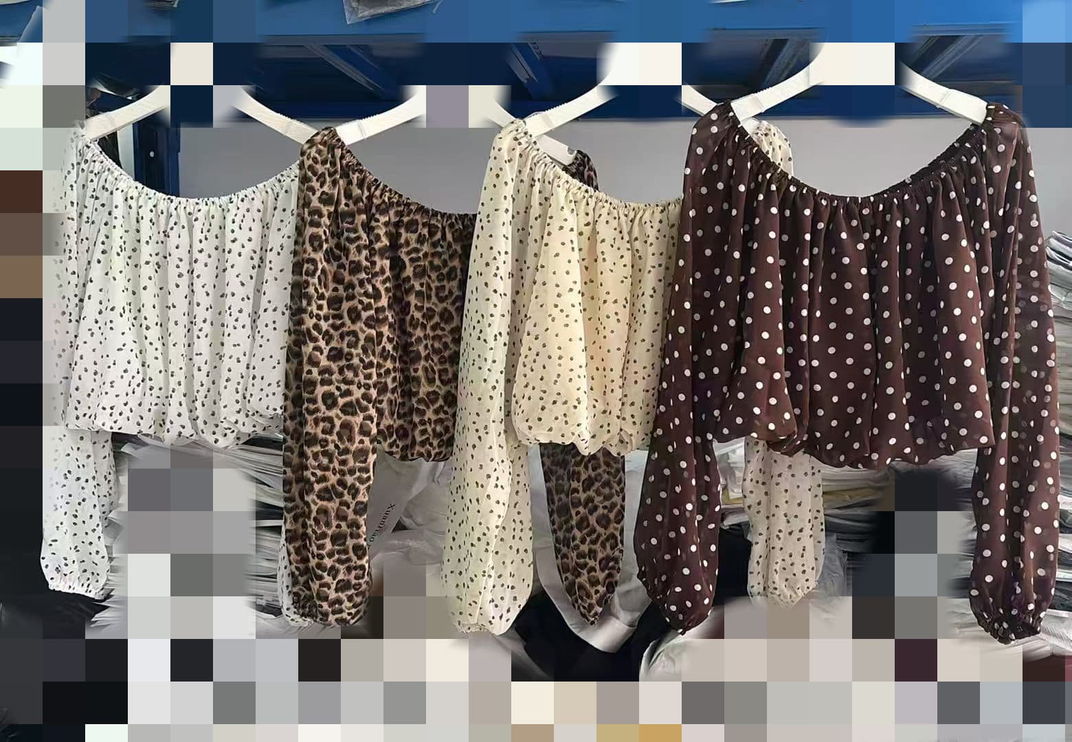 재고 있음 프랑스식 품격 레트로 도트 무늬 오프숄더 긴팔 셔츠 Chic 패션 오프숄더 셔츠 레오파드 무늬 맨위 상세 이미지 1
