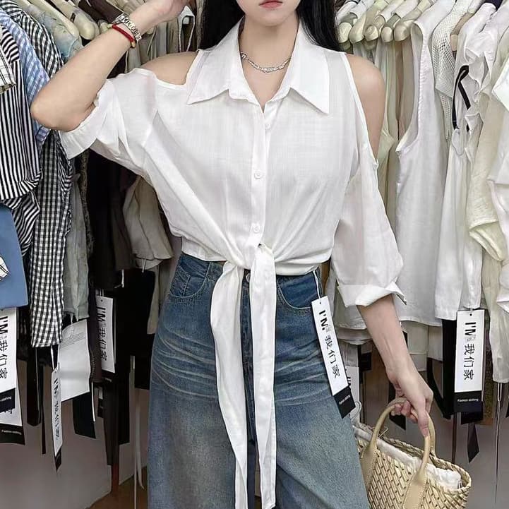 재고 있음 열세 개 봄 가을 새로운 프랑스식 순수한 욕망 바람 섹시함 오프숄더 V넥 긴팔 여성 셔츠 디자인 센스 셔츠 상세 이미지 6