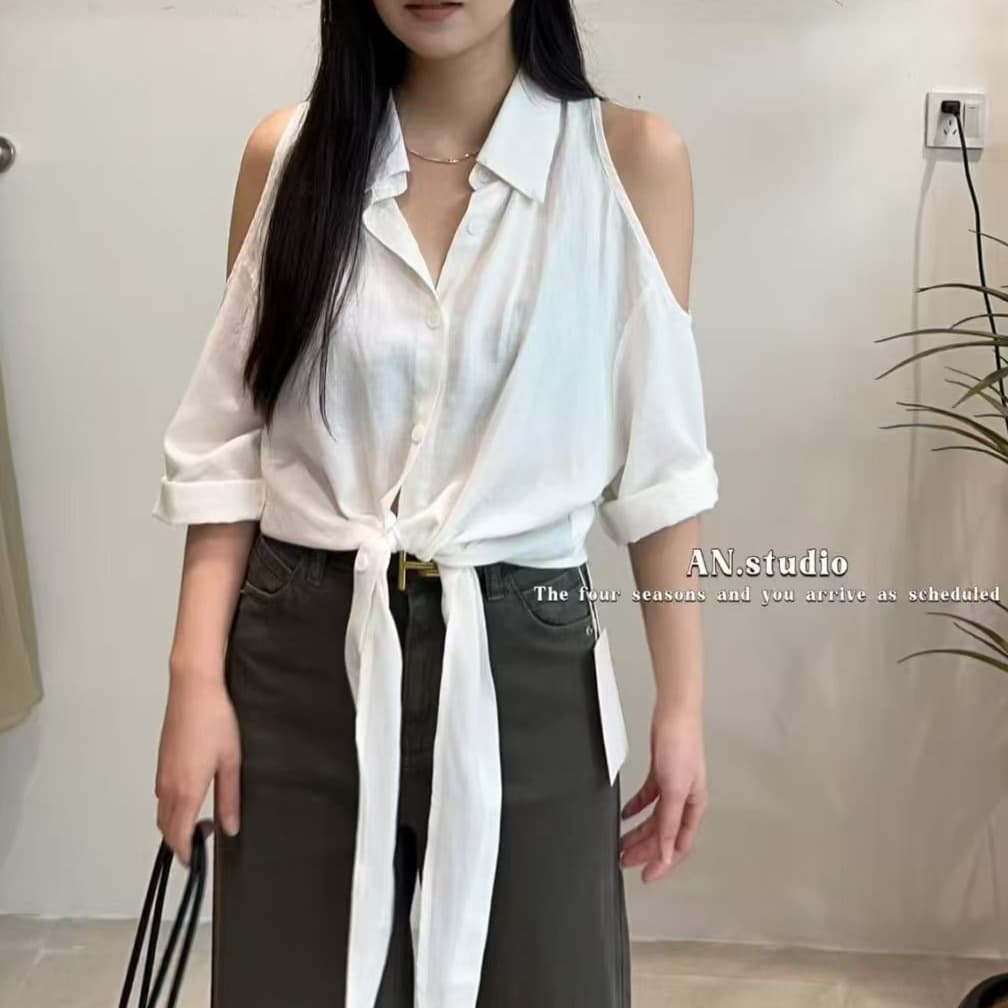 재고 있음 열세 개 봄 가을 새로운 프랑스식 순수한 욕망 바람 섹시함 오프숄더 V넥 긴팔 여성 셔츠 디자인 센스 셔츠 상세 이미지 7