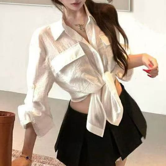 재고 있음 얇은 스타일 화이트 POLO 칼라 긴팔 여성 셔츠 여름 새로운 마이크로 ~을 통해 루즈핏 셔츠 캐주얼 오픈 가디건 맨위