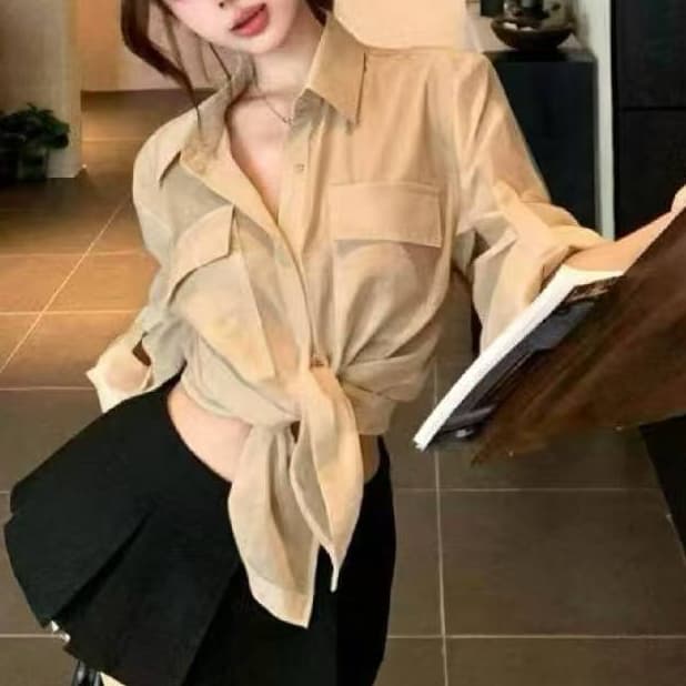 재고 있음 얇은 스타일 화이트 POLO 칼라 긴팔 여성 셔츠 여름 새로운 마이크로 ~을 통해 루즈핏 셔츠 캐주얼 오픈 가디건 맨위 상세 이미지 2