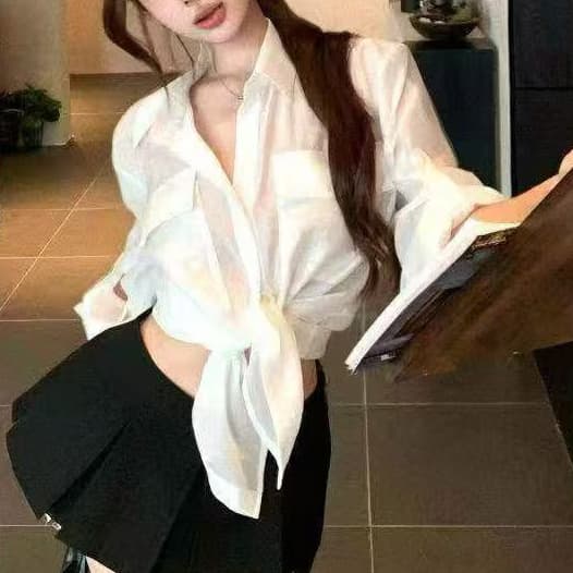 재고 있음 얇은 스타일 화이트 POLO 칼라 긴팔 여성 셔츠 여름 새로운 마이크로 ~을 통해 루즈핏 셔츠 캐주얼 오픈 가디건 맨위 상세 이미지 5