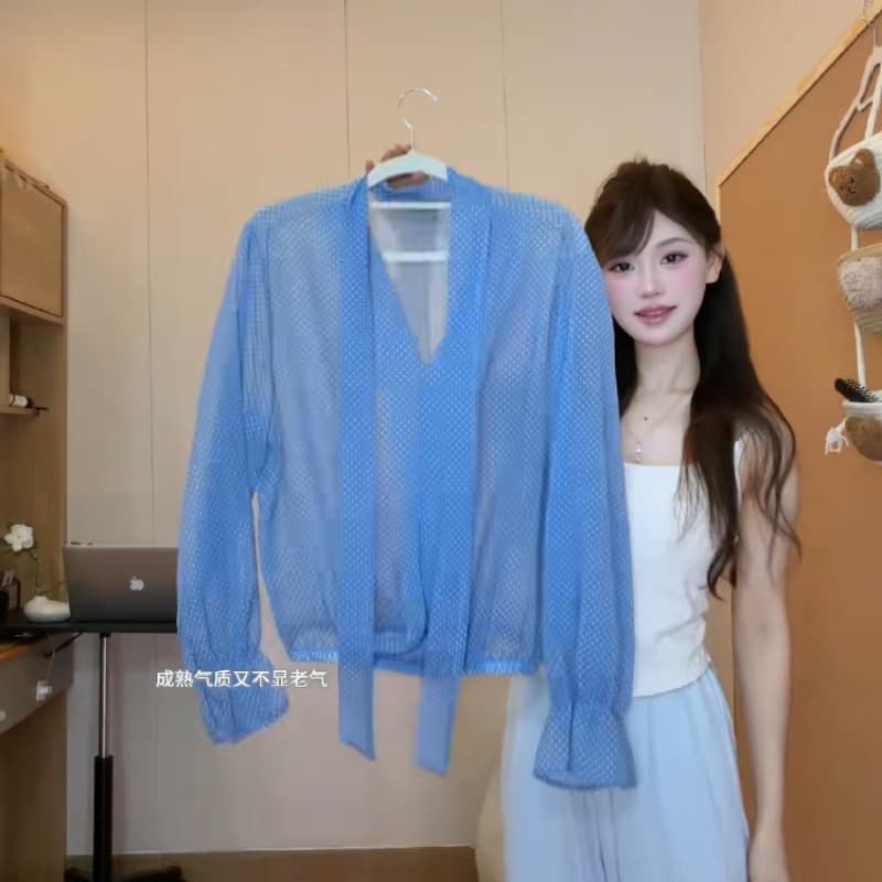 재고 있음 프랑스식 빛 럭셔리 고급 센스 파란색 도트 무늬 V넥 리본 긴팔 셔츠 가을 새로운 외국 가스 연령 감소 셔츠 이미지 5