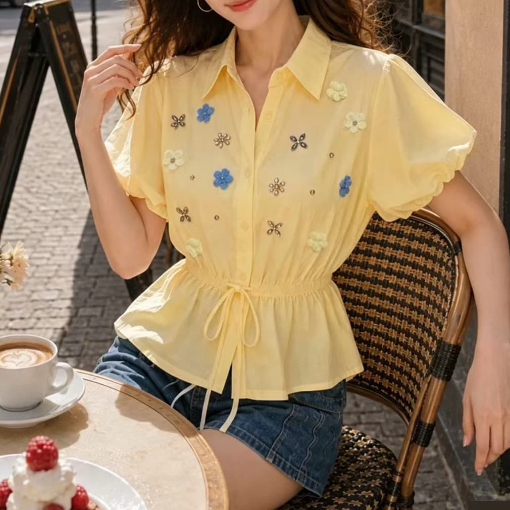 재고 있음 무거운 작업 3 차원 꽃 거품 소매 여성 셔츠 허리 수축 슬림해 보이는 쇼트 스타일 맨위 이미지 2