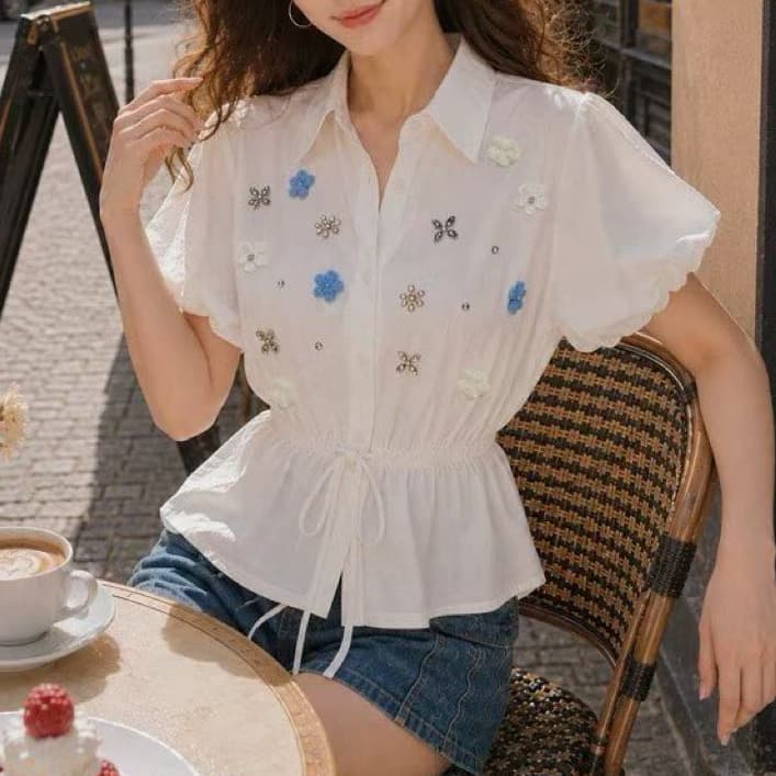 재고 있음 무거운 작업 3 차원 꽃 거품 소매 여성 셔츠 허리 수축 슬림해 보이는 쇼트 스타일 맨위