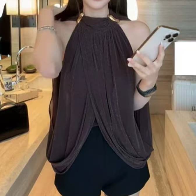 재고 있음 프랑스식 고급 센스 금속 버클 망토 캐미솔 여름 새로운 작은 대중 디자인 센스 고유 한 맨위 상세 이미지 4