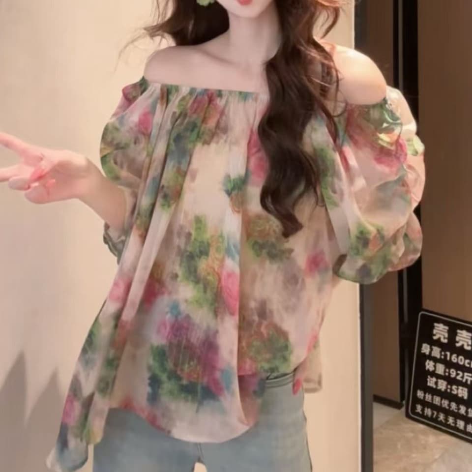 재고 있음 유럽 상품 패션 달콤함 보트넥 꽃무늬 거품 소매 쉬폰 블라우스 여름 연령 감소 슬림해 보이는 품격 프린트 맨위 이미지 2