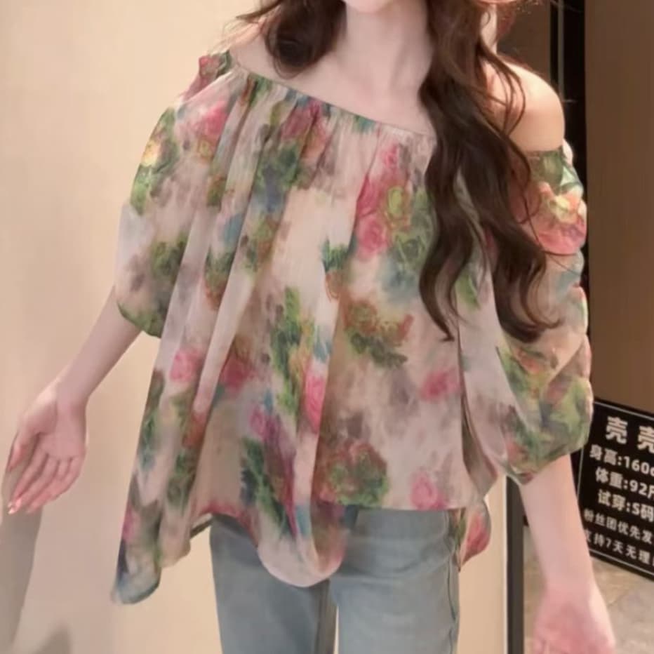 재고 있음 유럽 상품 패션 달콤함 보트넥 꽃무늬 거품 소매 쉬폰 블라우스 여름 연령 감소 슬림해 보이는 품격 프린트 맨위 상세 이미지 4