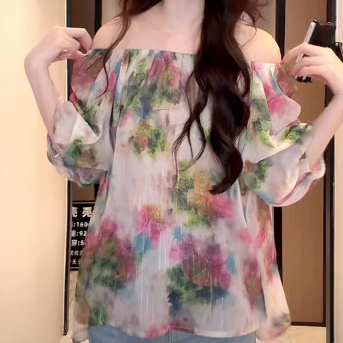 재고 있음 유럽 상품 패션 달콤함 보트넥 꽃무늬 거품 소매 쉬폰 블라우스 여름 연령 감소 슬림해 보이는 품격 프린트 맨위 상세 이미지 5