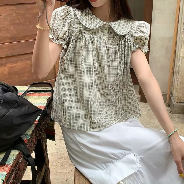 재고 있음 한 부서 다용도 베이비 칼라 나비 매듭 거품 소매 체크무늬 셔츠 맨위 여성 여름 새로운 이미지 2