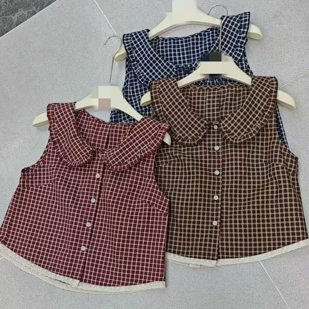 재고 있음 소녀 바람 빨간색 체크무늬 베이비 칼라 민소매 맨위 여름 달콤함 연령 감소 레이스 레이스 싱글 줄 버튼 셔츠 상세 이미지 1