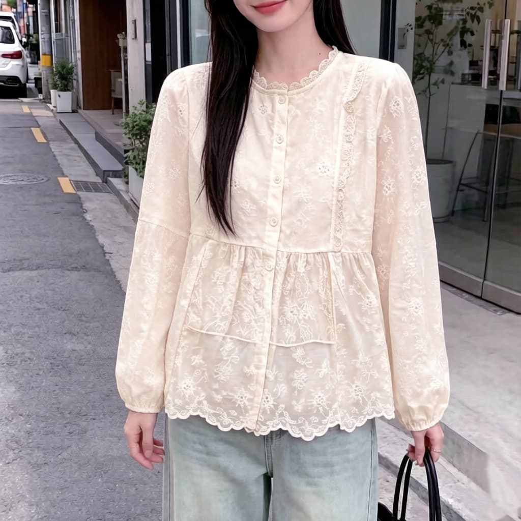 재고 있음 품격 셔츠 빅 사이즈 여성 의류 봄 가을 새로운 레이스 조각 자수 셔츠 긴팔 재킷 다용도 맨위 이미지 4