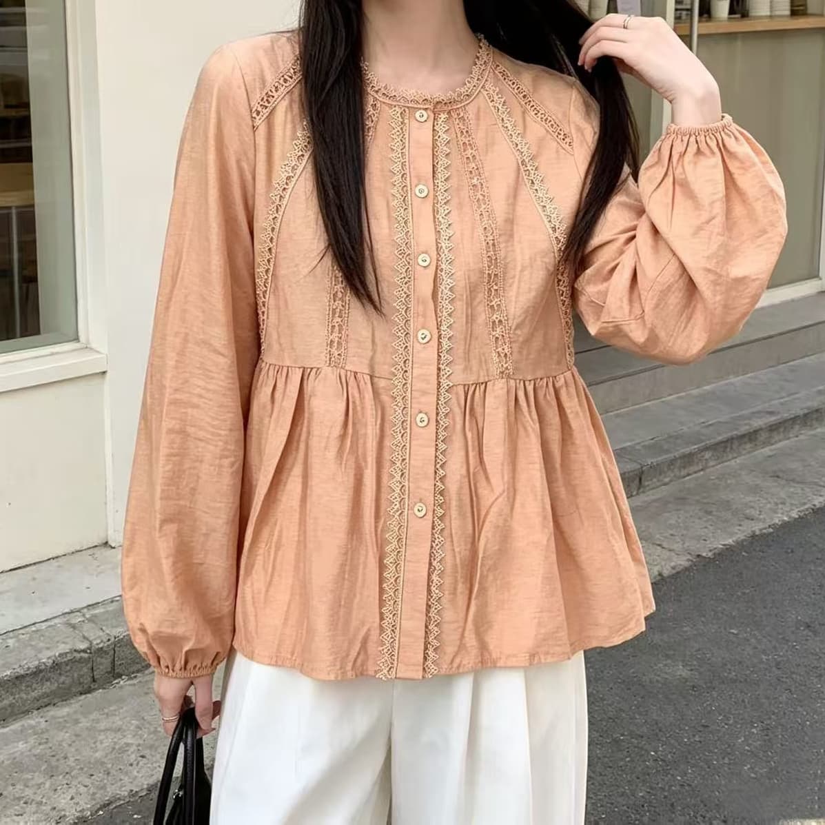 프랑스식 문예 치마 진자 긴팔 셔츠 여자 새로운 부드럽다 통기성 레이스 조각 외국 가스 셔츠 상세 이미지 6