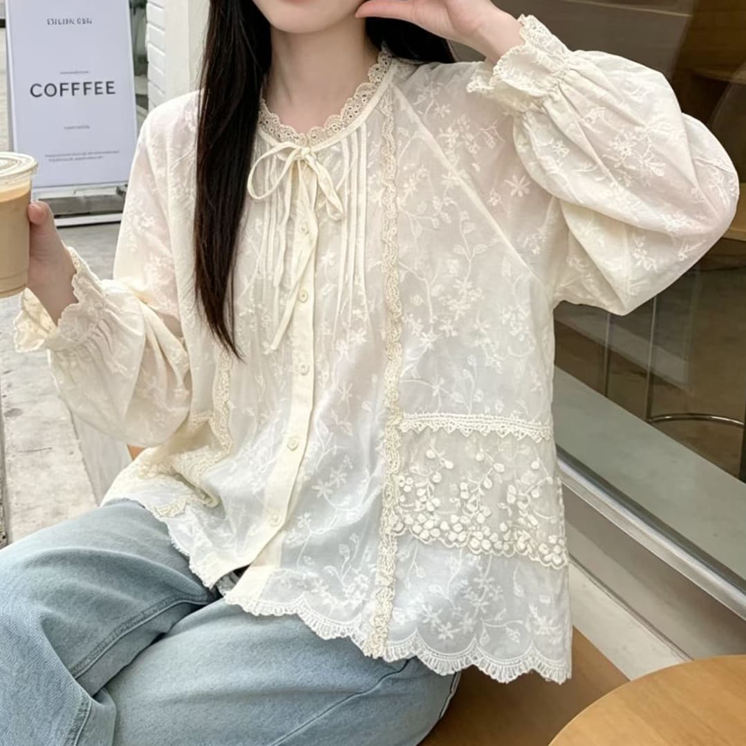 재고 있음 봄 가을 새로운 여성 셔츠 빅 사이즈 지방 mm 긍정적 인 어깨 레이스 조각 레이스 칼라 셔츠 재킷 맨위 면 린넨