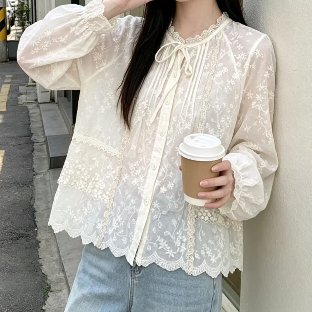재고 있음 봄 가을 새로운 여성 셔츠 빅 사이즈 지방 mm 긍정적 인 어깨 레이스 조각 레이스 칼라 셔츠 재킷 맨위 면 린넨 이미지 3