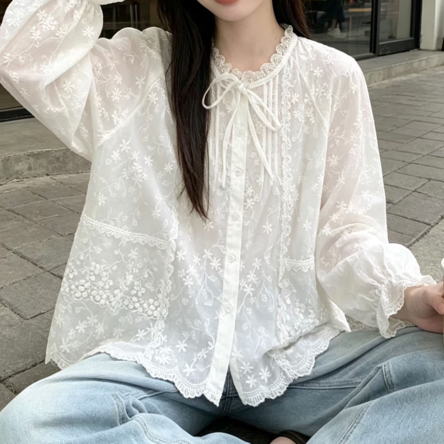 재고 있음 봄 가을 새로운 여성 셔츠 빅 사이즈 지방 mm 긍정적 인 어깨 레이스 조각 레이스 칼라 셔츠 재킷 맨위 면 린넨 상세 이미지 2