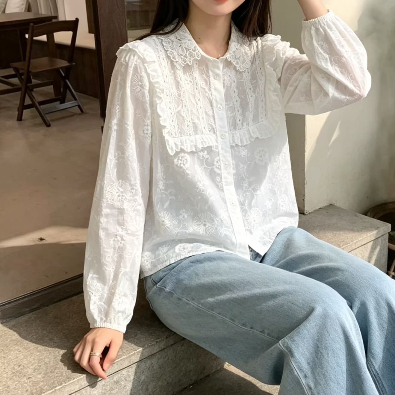 재고 있음 프랑스식 셔츠 빅 사이즈 여성 지방 mm 봄 가을 새로운 폴로 칼라 자수 셔츠 재킷 루즈핏 긴팔 맨위 이미지 4