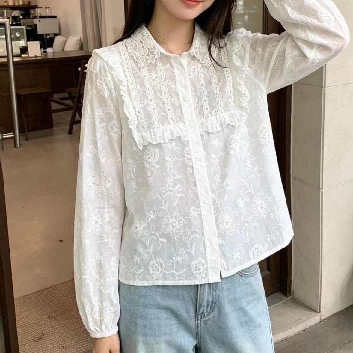 재고 있음 프랑스식 셔츠 빅 사이즈 여성 지방 mm 봄 가을 새로운 폴로 칼라 자수 셔츠 재킷 루즈핏 긴팔 맨위 이미지 3