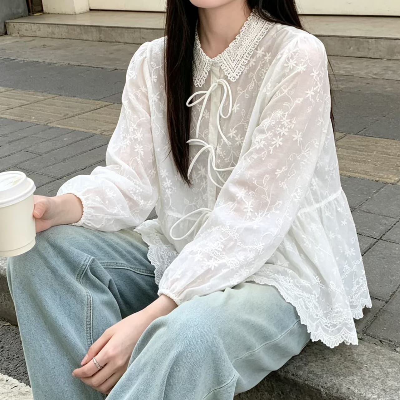 재고 있음 프랑스식 부드러운 바람 레이스 여성 셔츠 나비 넥타이 고급 센스 빛 럭셔리 연령 감소 맨위 봄 가을 새로운 상세 이미지 3