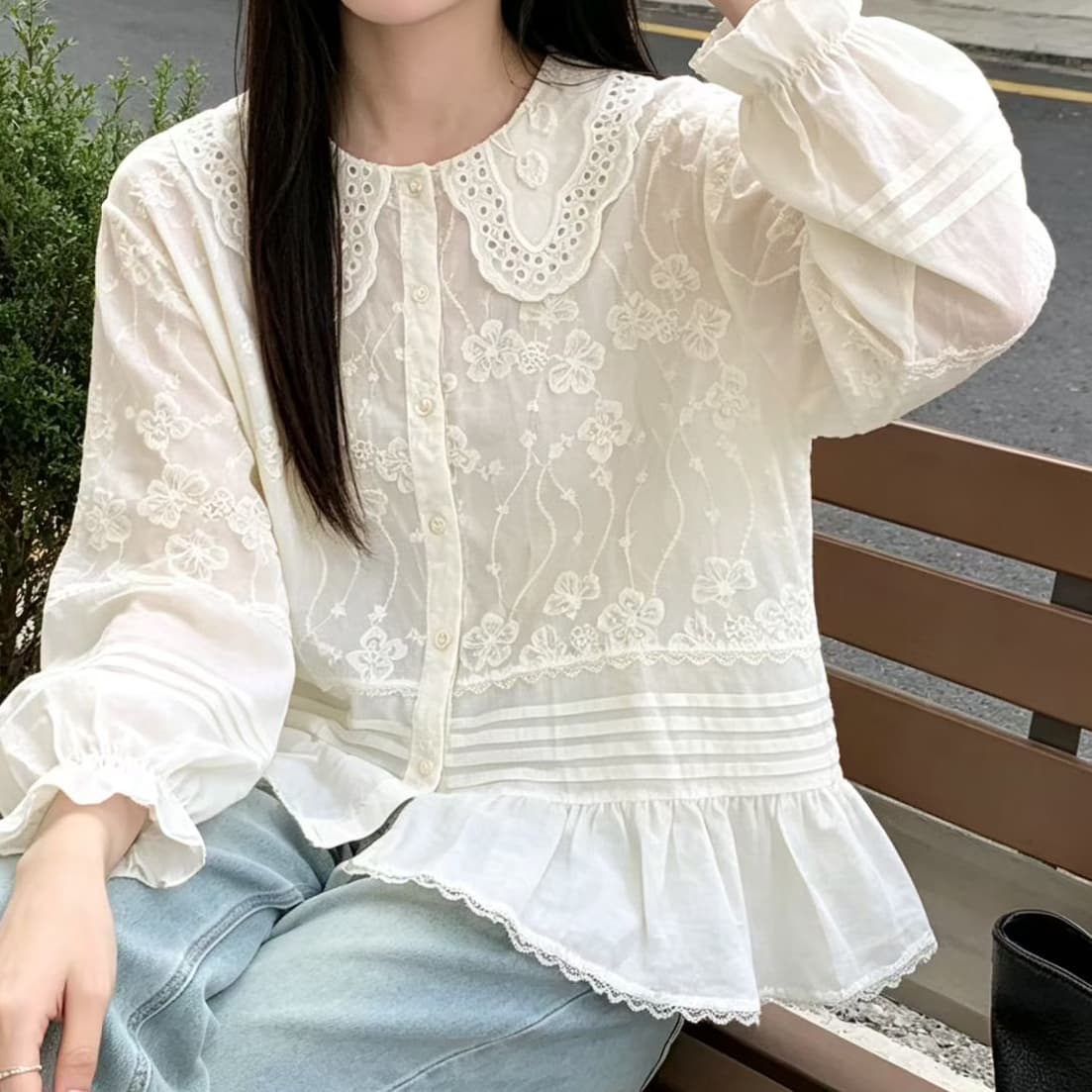 재고 있음 봄 가을 새로운 빅 사이즈 셔츠 여성 의류 지방 mm 외국 가스 빛 럭셔리 자수 셔츠 재킷 폴로 칼라 맨위 패치워크