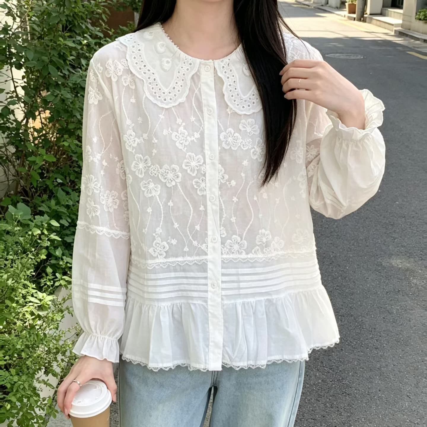 재고 있음 봄 가을 새로운 빅 사이즈 셔츠 여성 의류 지방 mm 외국 가스 빛 럭셔리 자수 셔츠 재킷 폴로 칼라 맨위 패치워크 상세 이미지 2
