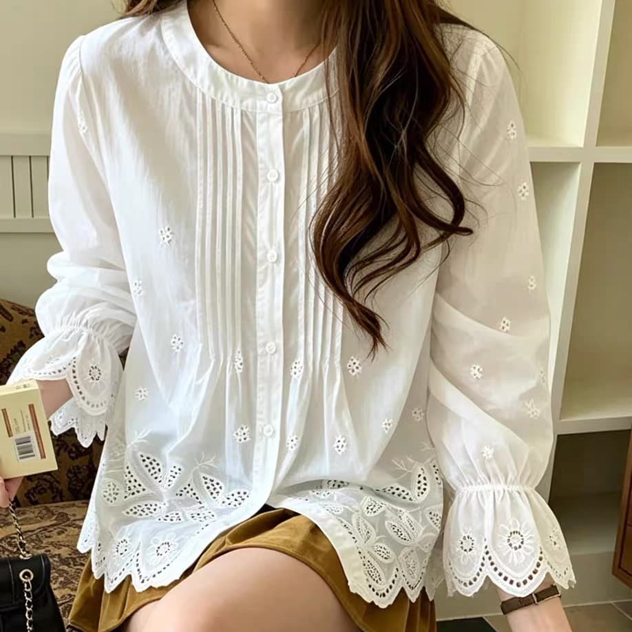 재고 있음 봄 가을 새로운 홀로우 아웃 자수 레이스 측면 장기 Pleat 여성 셔츠 한국 chic 패션 디자인 센스 맨위 상세 이미지 4
