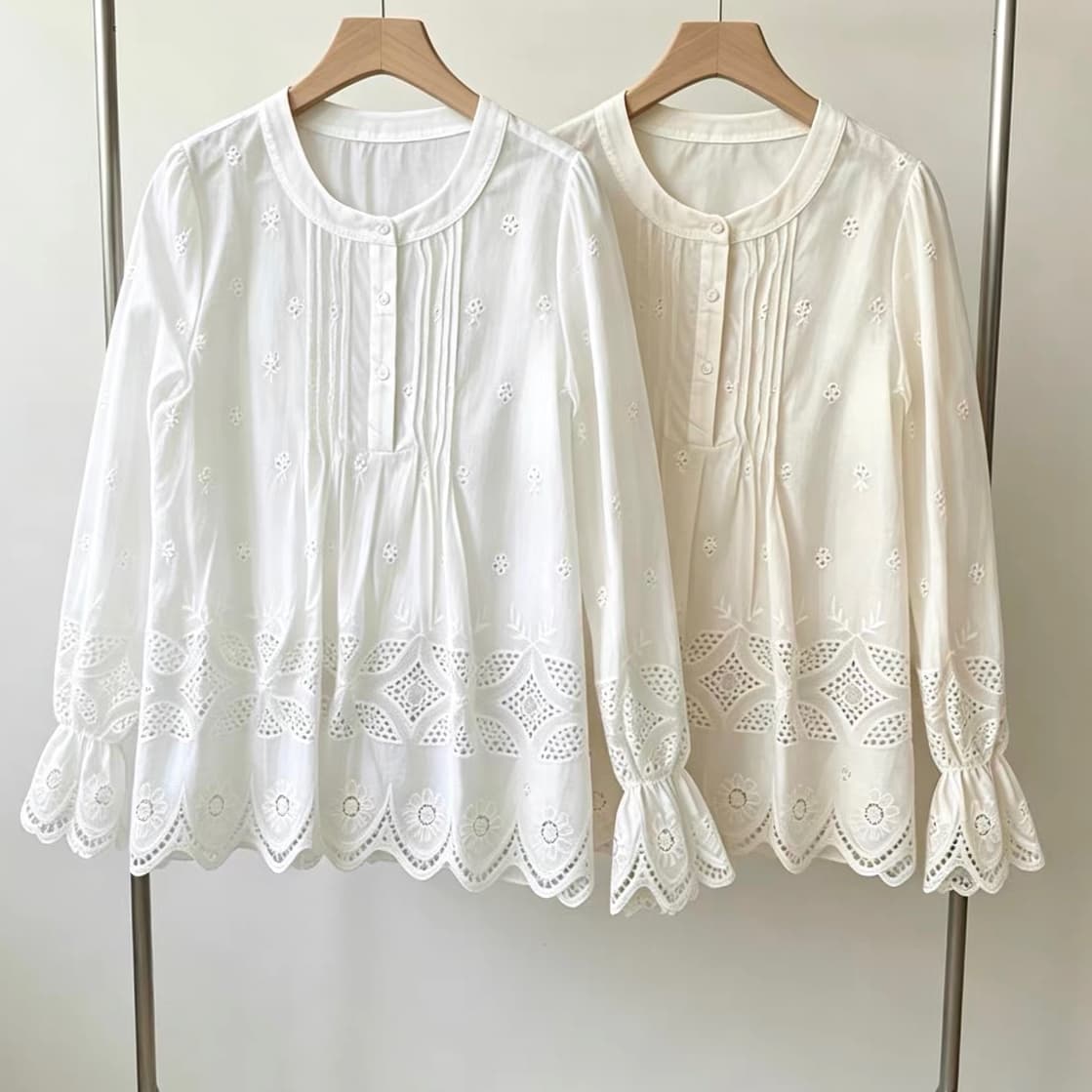 재고 있음 봄 가을 새로운 홀로우 아웃 자수 레이스 측면 장기 Pleat 여성 셔츠 한국 chic 패션 디자인 센스 맨위 이미지 5