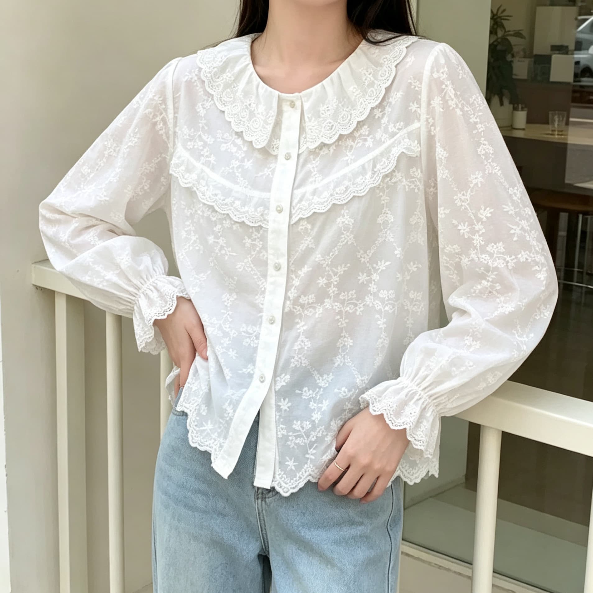 재고 있음 일본식 달콤함 소녀 레이스 자카드 베이비 칼라 긴팔 셔츠 연령 감소 루즈핏 만나는 거품 소매 맨위 상세 이미지 3