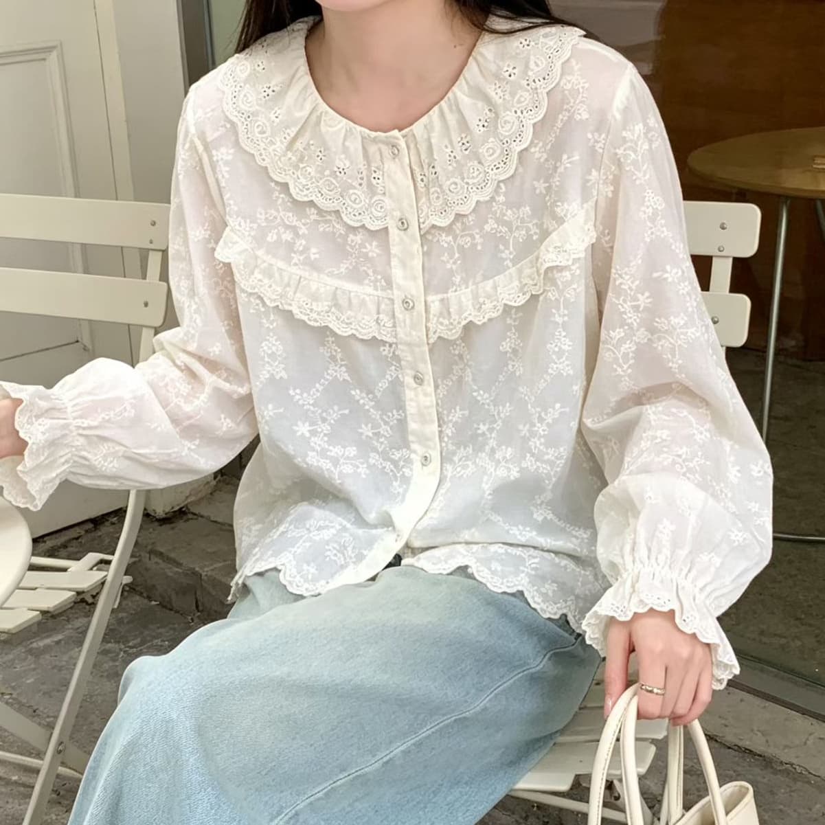 재고 있음 일본식 달콤함 소녀 레이스 자카드 베이비 칼라 긴팔 셔츠 연령 감소 루즈핏 만나는 거품 소매 맨위 상세 이미지 4