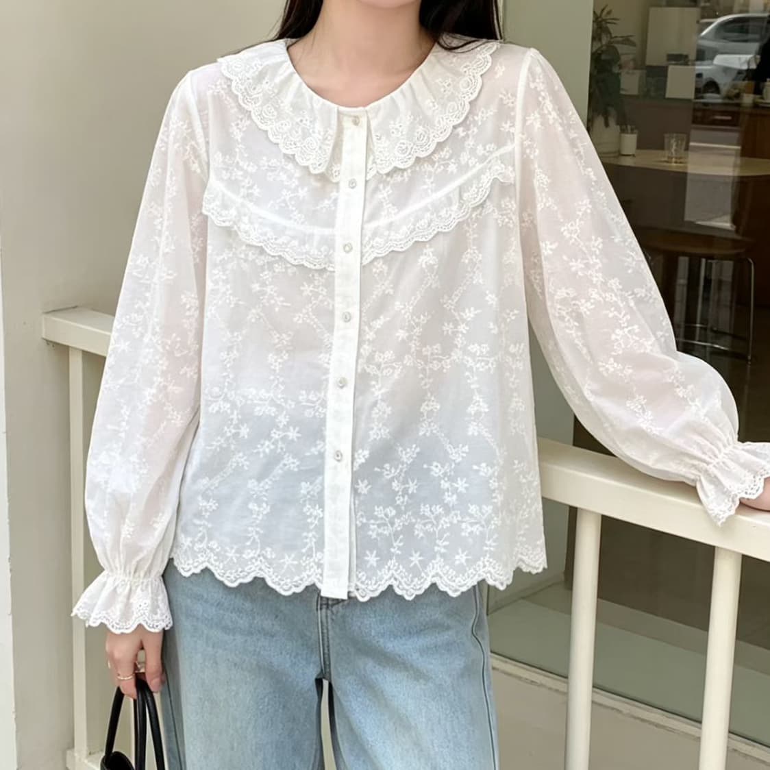 재고 있음 일본식 달콤함 소녀 레이스 자카드 베이비 칼라 긴팔 셔츠 연령 감소 루즈핏 만나는 거품 소매 맨위 상세 이미지 6