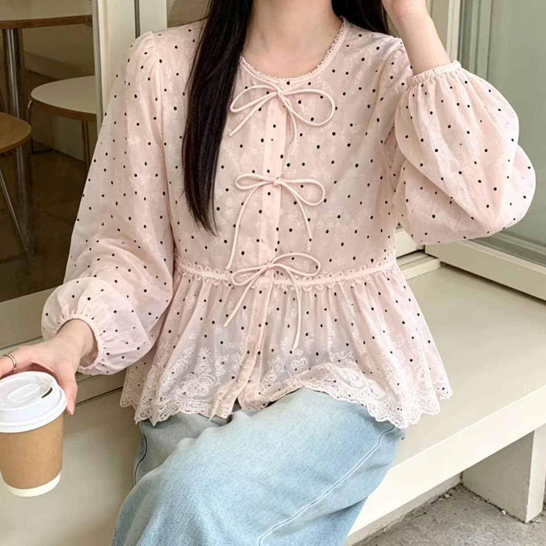 재고 있음 자이언트 잘 생긴 긴팔 도트 무늬 여성 셔츠 봄 가을 슈퍼 화재 나비 매듭 인형 셔츠 외국 가스 루즈핏 맨위 새로운