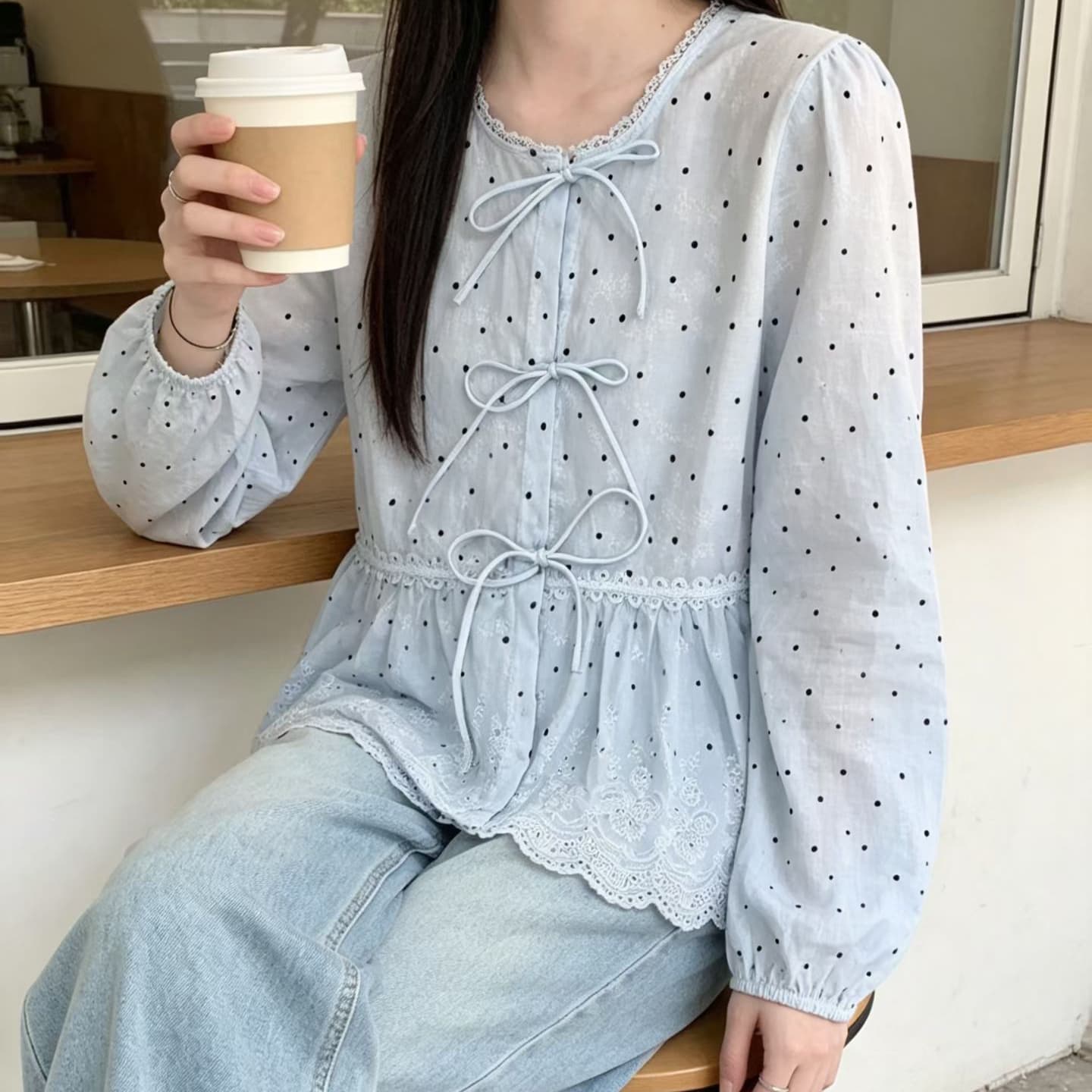 재고 있음 자이언트 잘 생긴 긴팔 도트 무늬 여성 셔츠 봄 가을 슈퍼 화재 나비 매듭 인형 셔츠 외국 가스 루즈핏 맨위 새로운 이미지 2