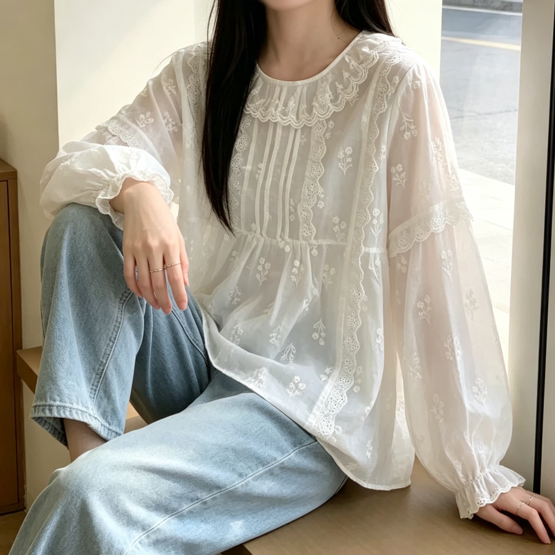 재고 있음 레이스 라운드 넥 봄 가을 새로운 달콤함 일본식 레이스 칼라 긴팔 인형 셔츠 다용도 숲속 소녀 연령 감소 셔츠