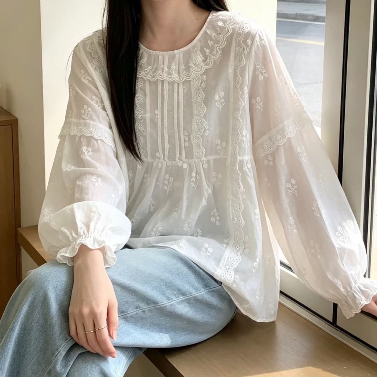 재고 있음 레이스 라운드 넥 봄 가을 새로운 달콤함 일본식 레이스 칼라 긴팔 인형 셔츠 다용도 숲속 소녀 연령 감소 셔츠 이미지 2