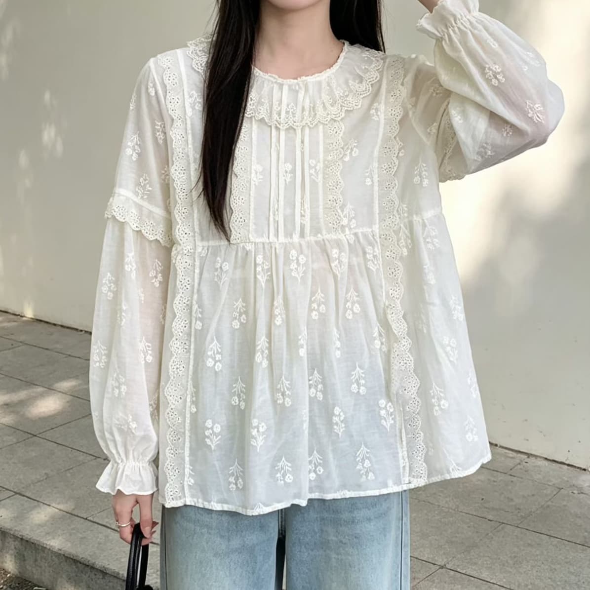 재고 있음 레이스 라운드 넥 봄 가을 새로운 달콤함 일본식 레이스 칼라 긴팔 인형 셔츠 다용도 숲속 소녀 연령 감소 셔츠 이미지 4