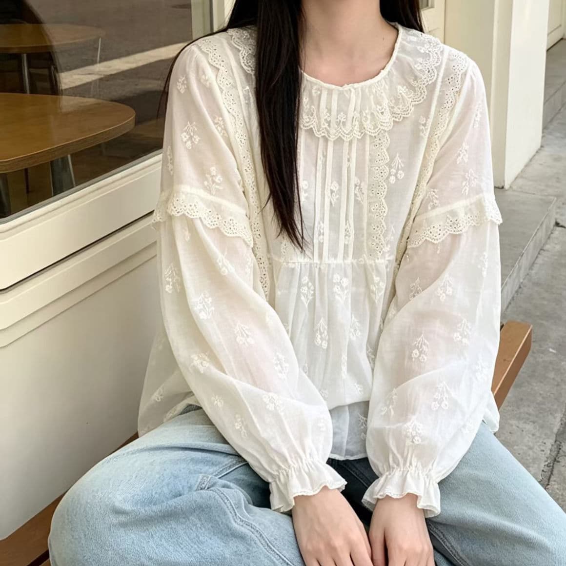 재고 있음 레이스 라운드 넥 봄 가을 새로운 달콤함 일본식 레이스 칼라 긴팔 인형 셔츠 다용도 숲속 소녀 연령 감소 셔츠 상세 이미지 4