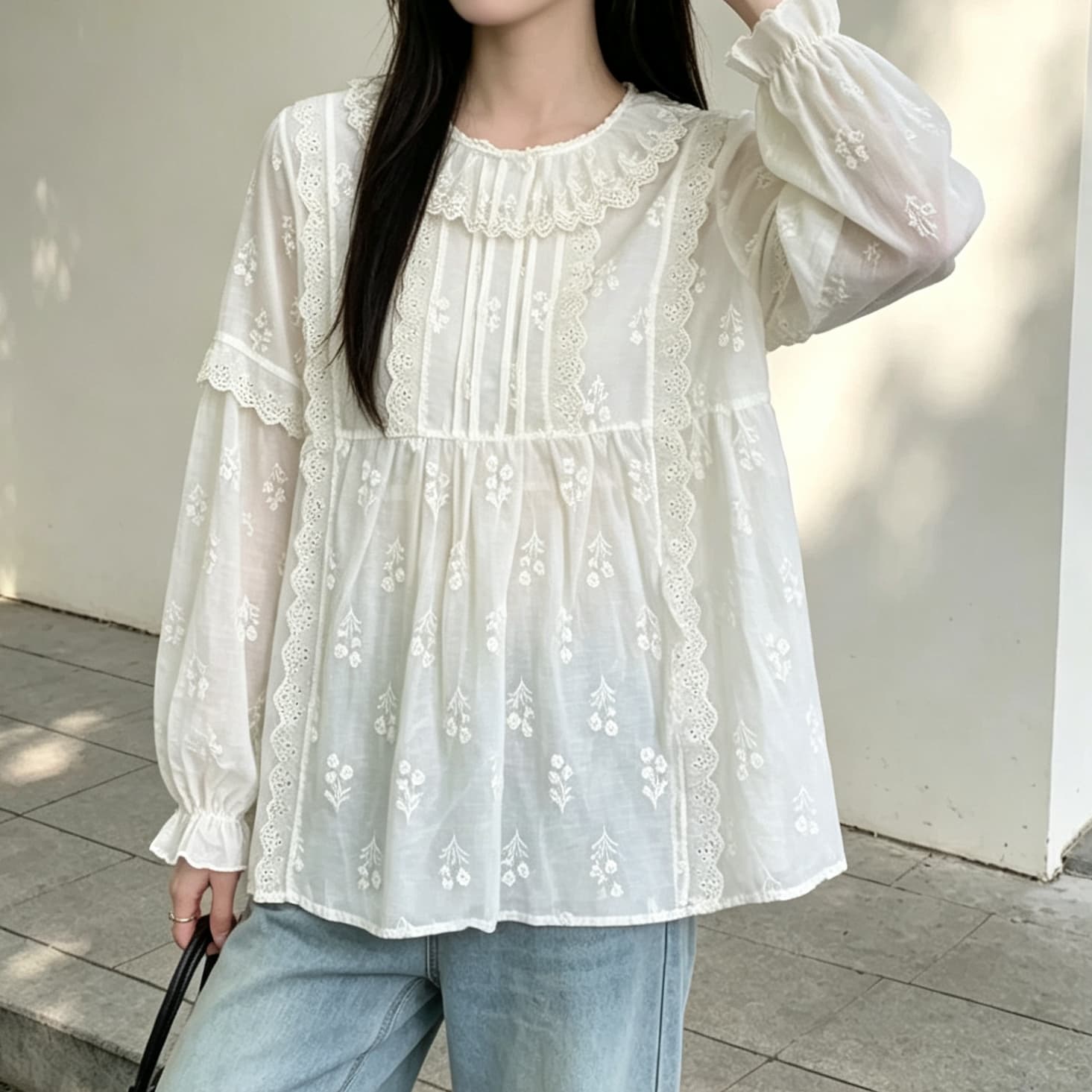 재고 있음 레이스 라운드 넥 봄 가을 새로운 달콤함 일본식 레이스 칼라 긴팔 인형 셔츠 다용도 숲속 소녀 연령 감소 셔츠 상세 이미지 6
