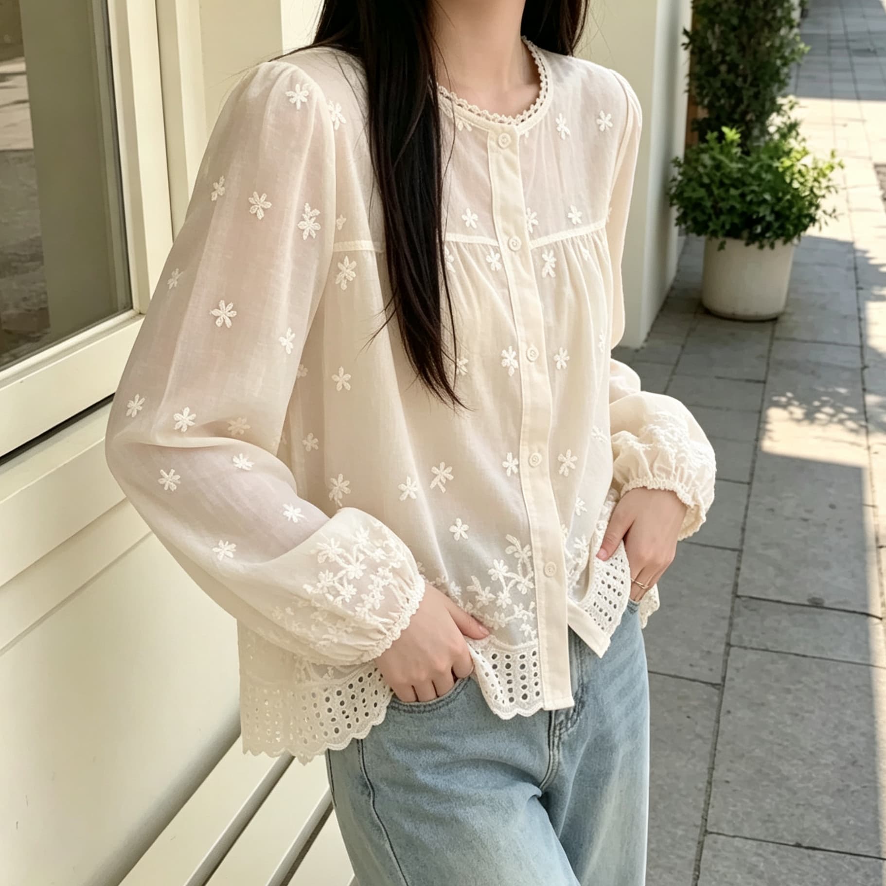 재고 있음 프랑스식 레트로 홀로우 아웃 자수 긴팔 여성 셔츠 봄 가을 한 부서 새로운 루즈핏 슬림해 보이는 오픈 가디건 맨위 이미지 4