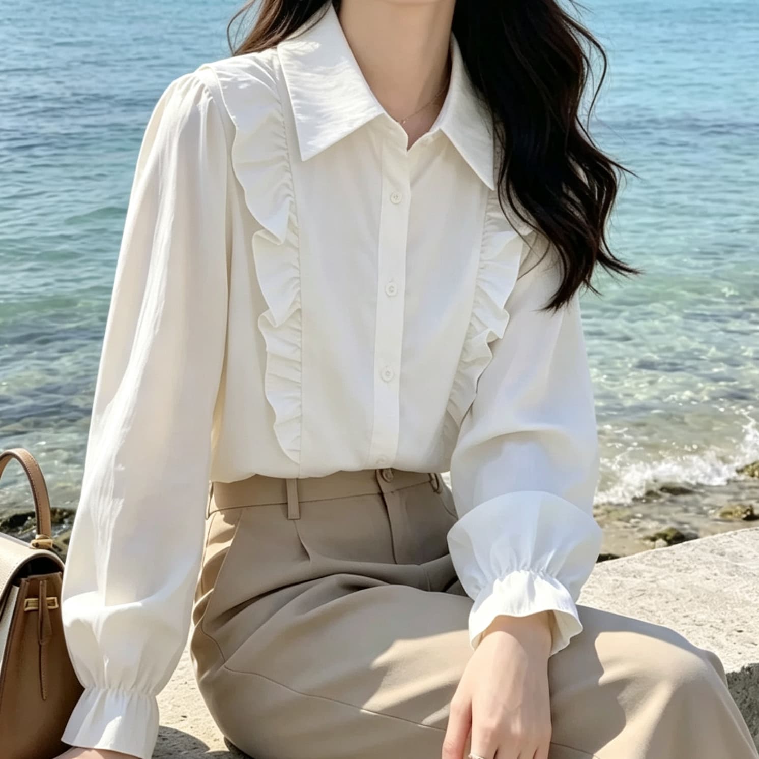 재고 있음 프랑스식 레트로 프릴 패치워크 셔츠 봄 가을 새로운 패션 외국 가스 다용도 슬림해 보이는 긴팔 맨위 이미지 3