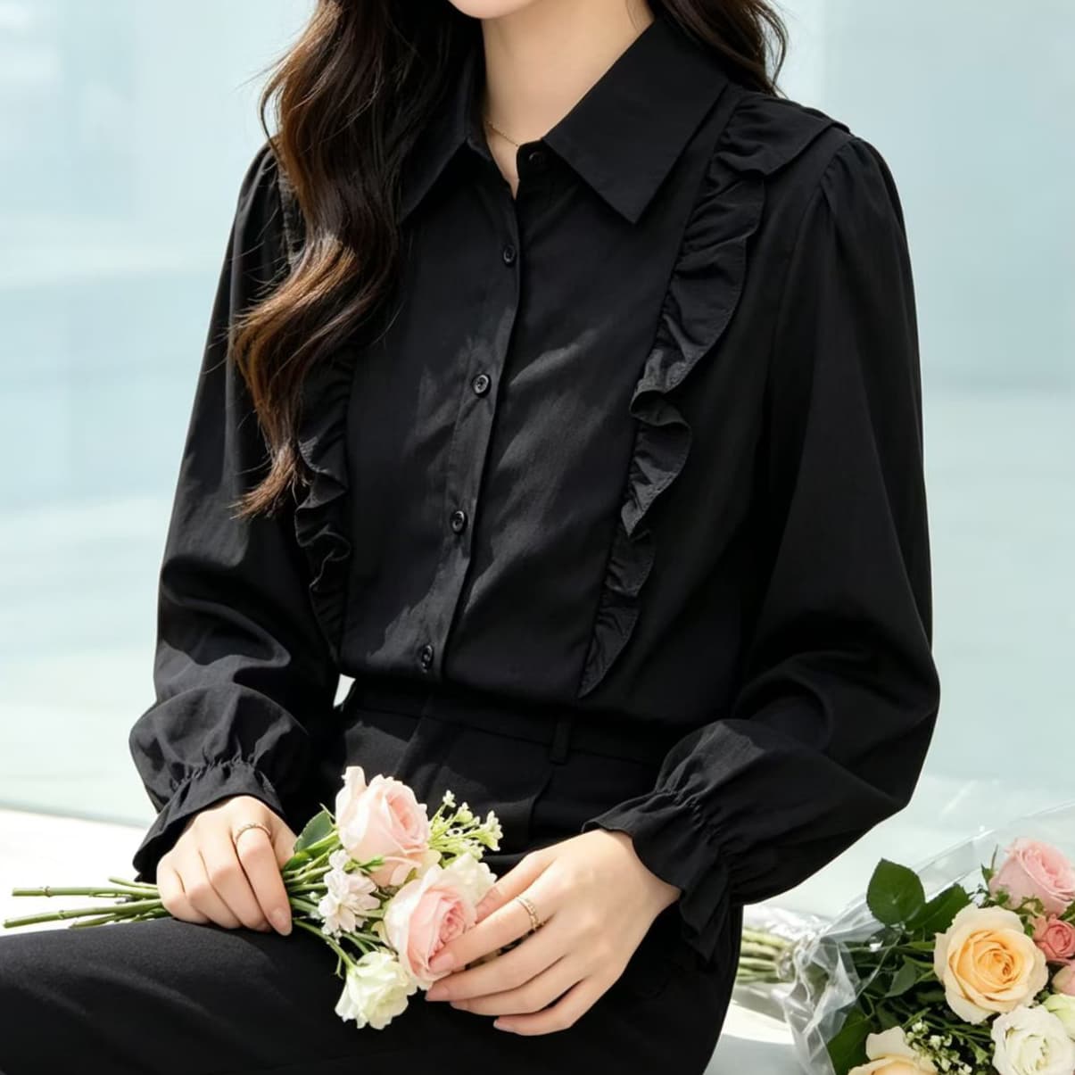 재고 있음 프랑스식 레트로 프릴 패치워크 셔츠 봄 가을 새로운 패션 외국 가스 다용도 슬림해 보이는 긴팔 맨위 이미지 2