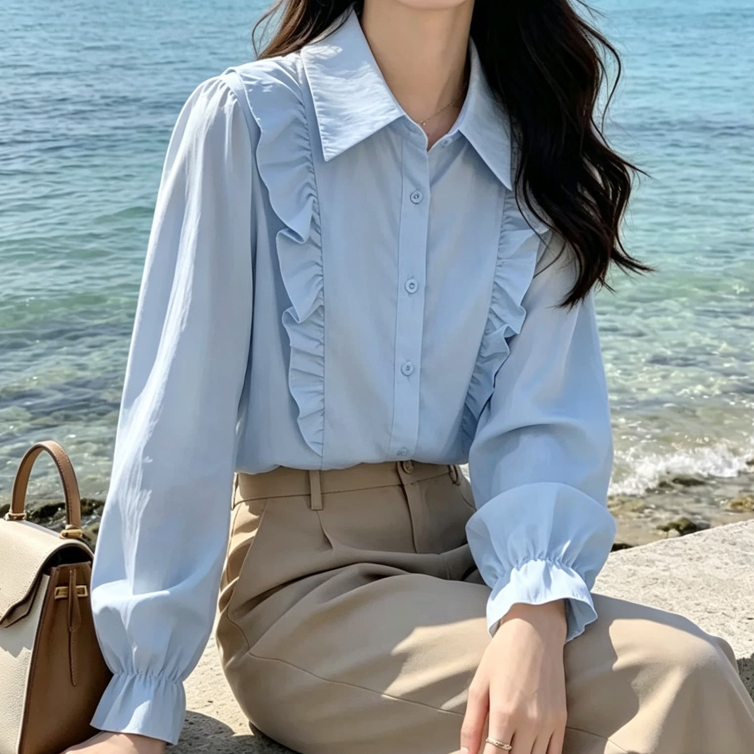재고 있음 프랑스식 레트로 프릴 패치워크 셔츠 봄 가을 새로운 패션 외국 가스 다용도 슬림해 보이는 긴팔 맨위 상세 이미지 3
