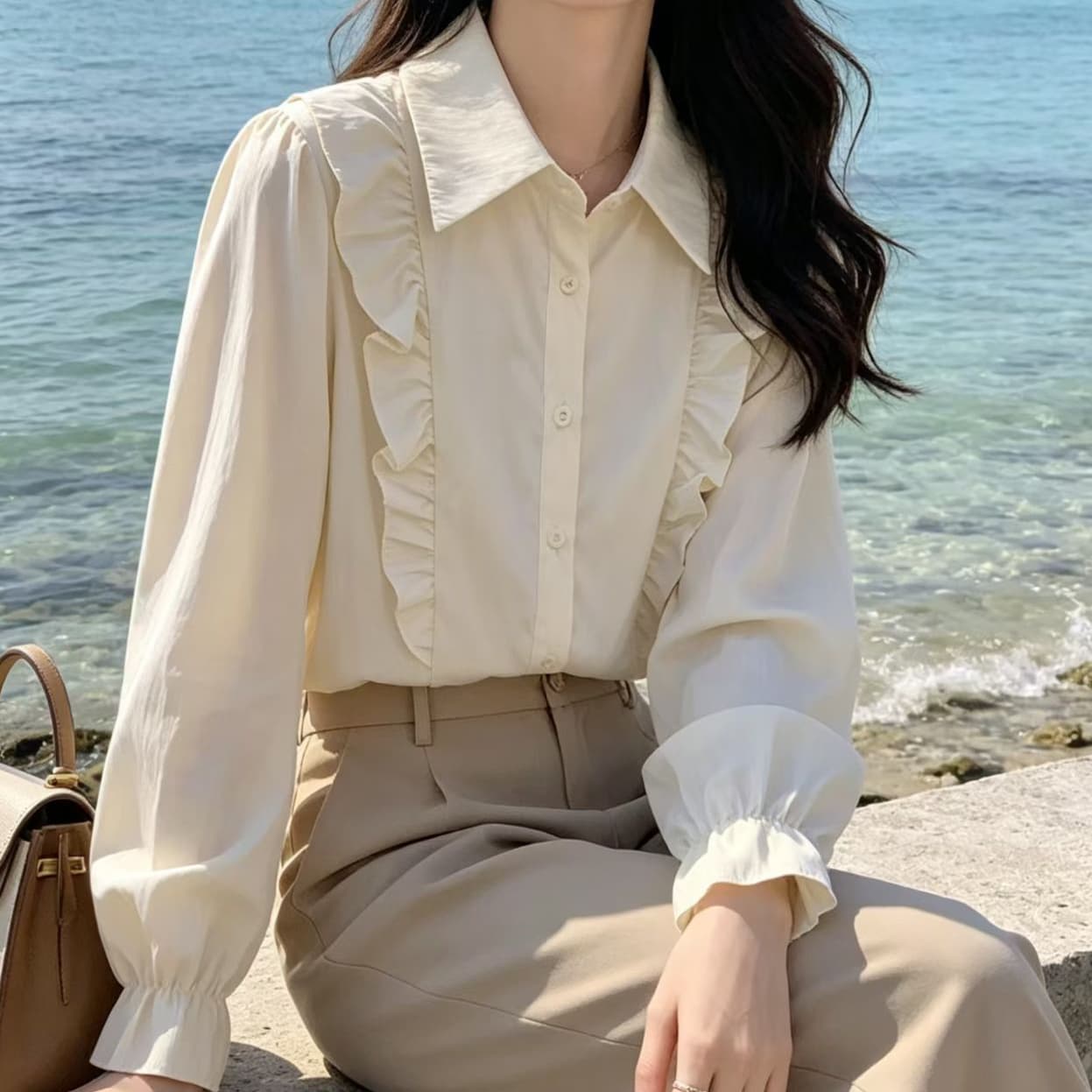 재고 있음 프랑스식 레트로 프릴 패치워크 셔츠 봄 가을 새로운 패션 외국 가스 다용도 슬림해 보이는 긴팔 맨위 상세 이미지 4