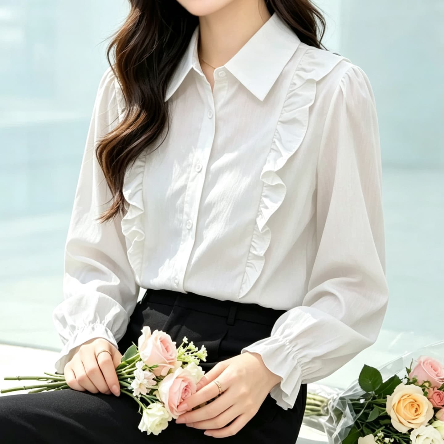 재고 있음 프랑스식 레트로 프릴 패치워크 셔츠 봄 가을 새로운 패션 외국 가스 다용도 슬림해 보이는 긴팔 맨위 상세 이미지 6