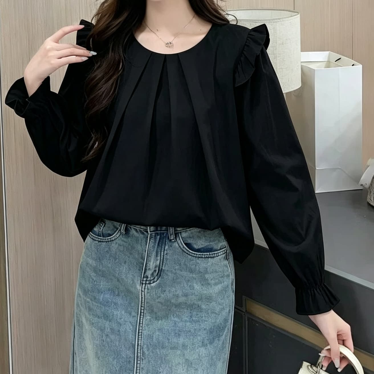 재고 있음 달콤한 스타일 라운드 넥 플리츠 Feifei 소매 긴팔 여성 셔츠 봄 가을 새로운 고급 센스 연령 감소 외국 가스 작은 셔츠 이미지 5