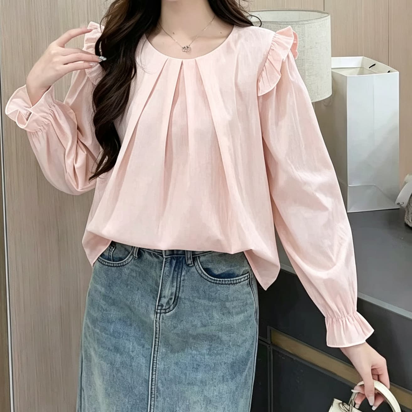 재고 있음 달콤한 스타일 라운드 넥 플리츠 Feifei 소매 긴팔 여성 셔츠 봄 가을 새로운 고급 센스 연령 감소 외국 가스 작은 셔츠 이미지 4