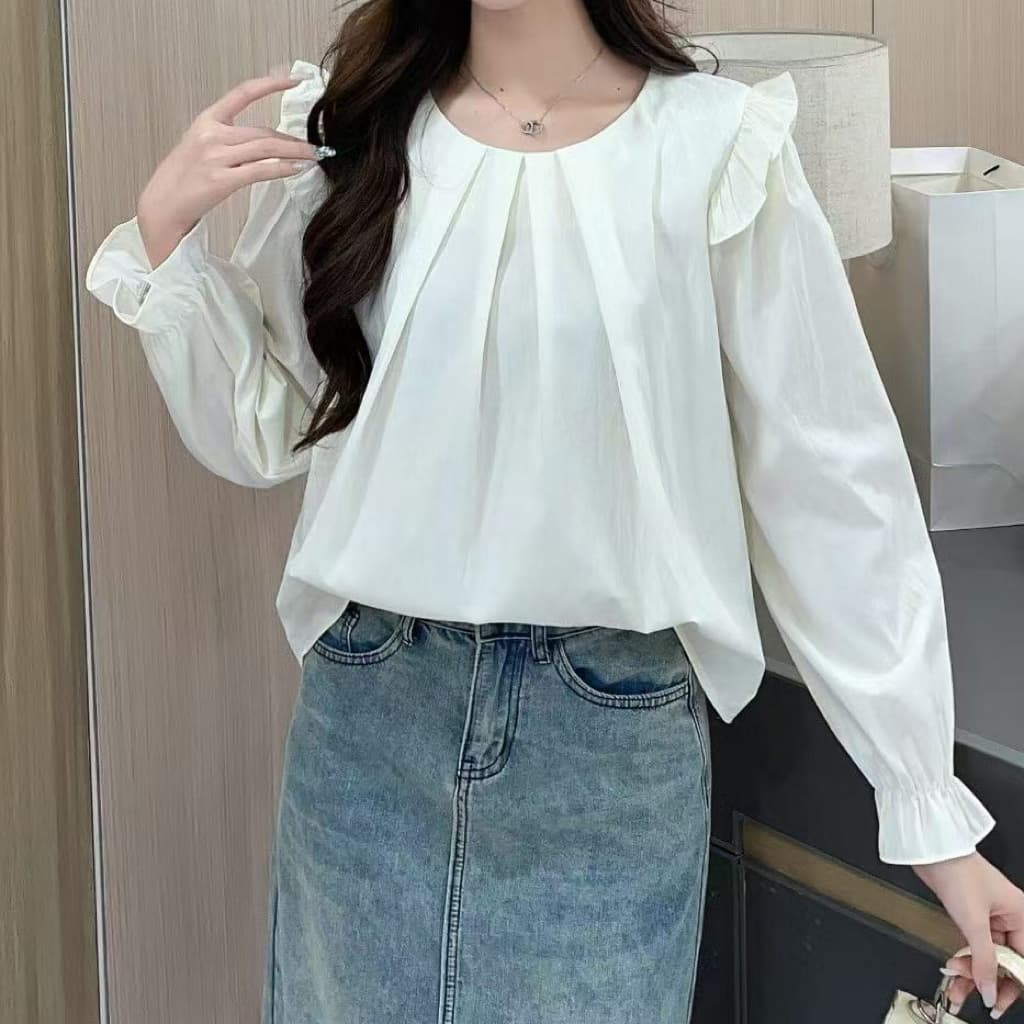 재고 있음 달콤한 스타일 라운드 넥 플리츠 Feifei 소매 긴팔 여성 셔츠 봄 가을 새로운 고급 센스 연령 감소 외국 가스 작은 셔츠 상세 이미지 2