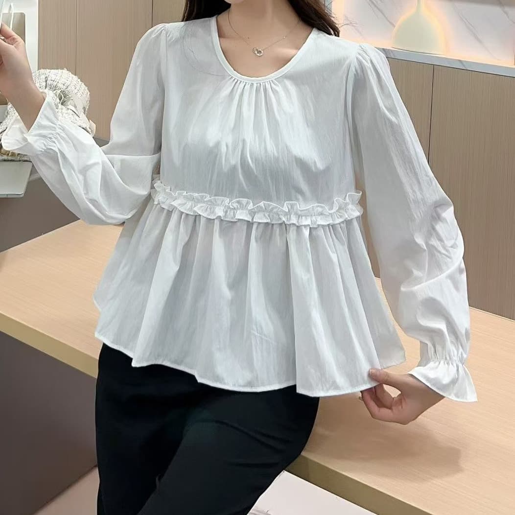 재고 있음 새로운 프랑스식 살구 색상 프릴 패치워크 긴팔 여성 셔츠 빛 럭셔리 고급 센스 나팔 소매 루즈핏 맨위