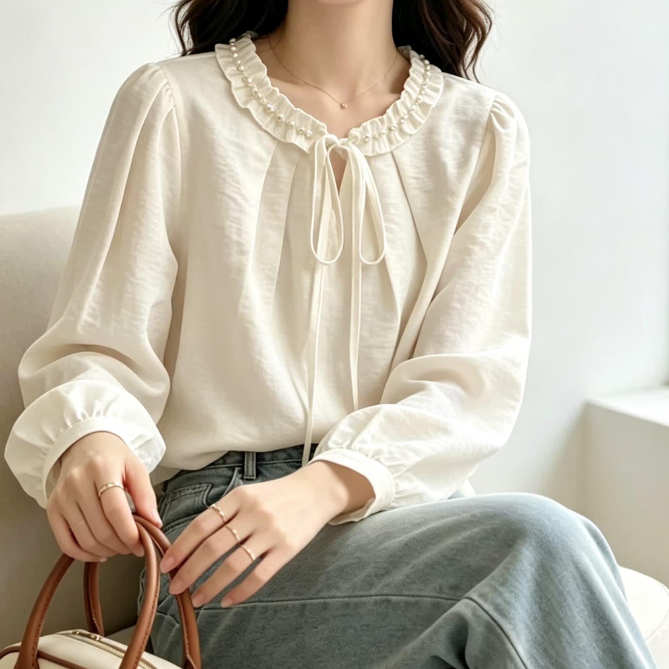 재고 있음 봄 가을 새로운 빅 사이즈 여성 의류 지방 mm 칼라 비즈 박기 프릴 레이스업 품격 슬림해 보이는 긴팔 셔츠 이미지 3