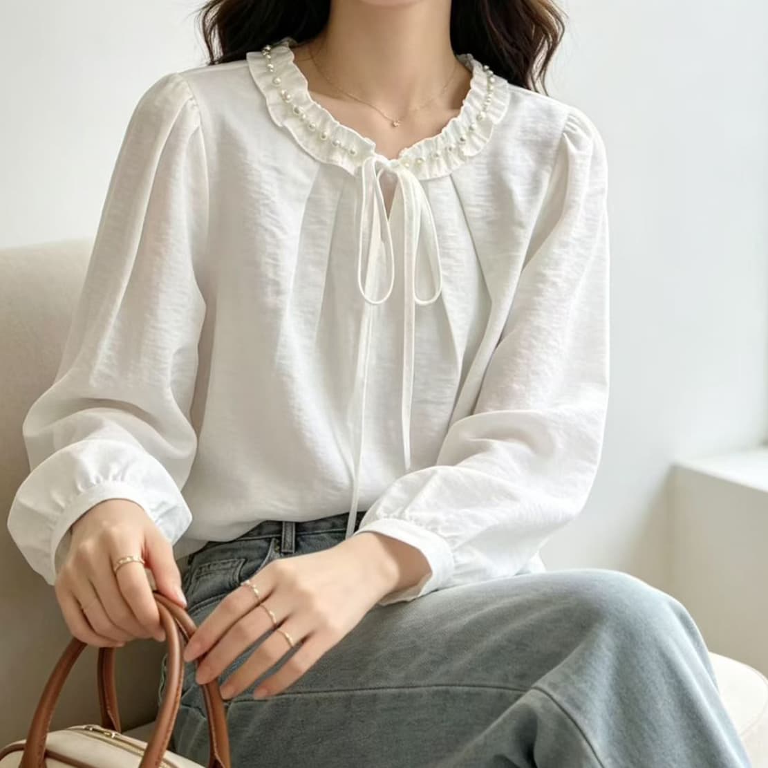 재고 있음 봄 가을 새로운 빅 사이즈 여성 의류 지방 mm 칼라 비즈 박기 프릴 레이스업 품격 슬림해 보이는 긴팔 셔츠 상세 이미지 1
